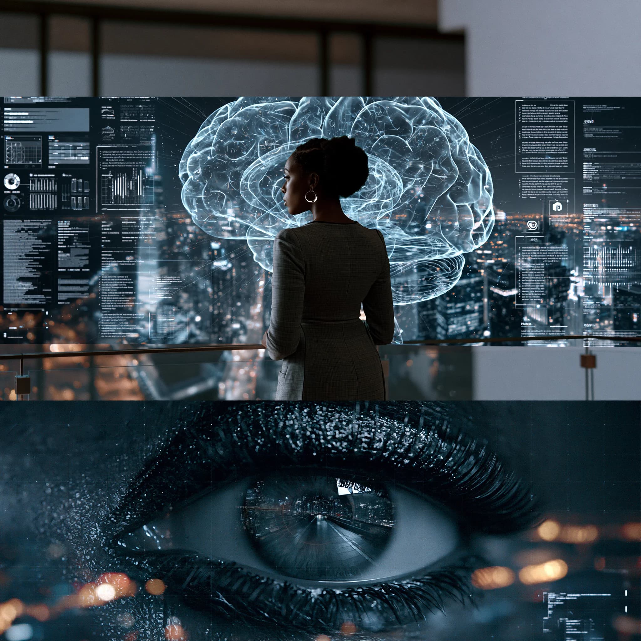 An analyst faces a wall of charts and data around a holographic brain above a city at night.
