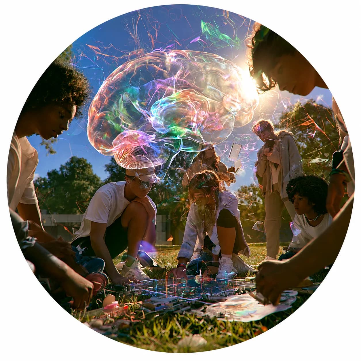 Young learners collaborating outdoors around a glowing, illuminated brain