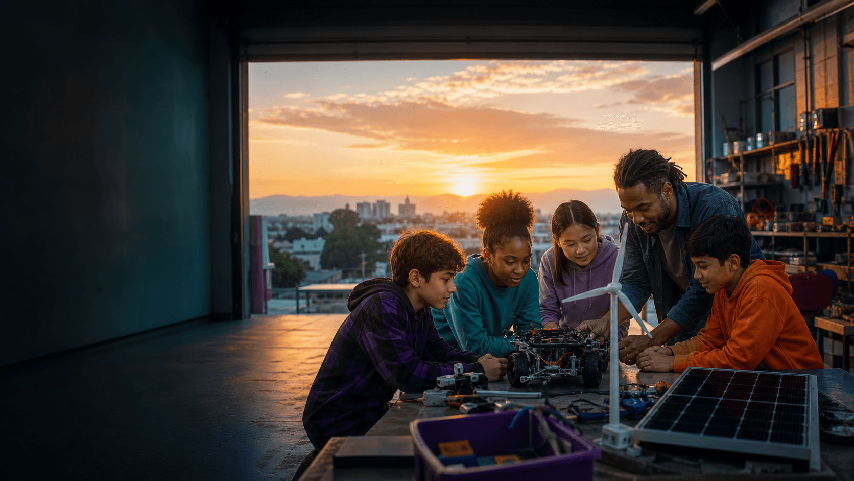 Students and a mentor build a robotics and clean-energy prototype together at sunset.