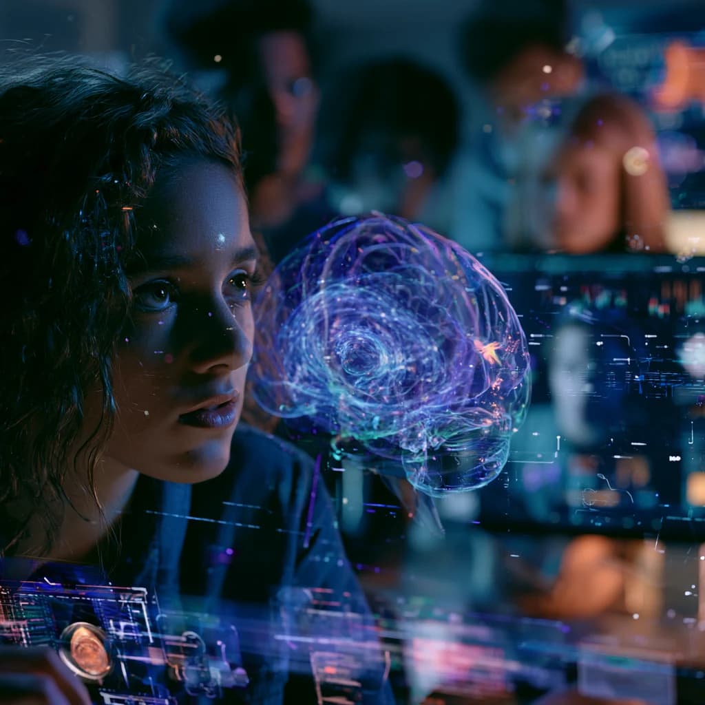 A learner studies a glowing holographic model of a neural network.