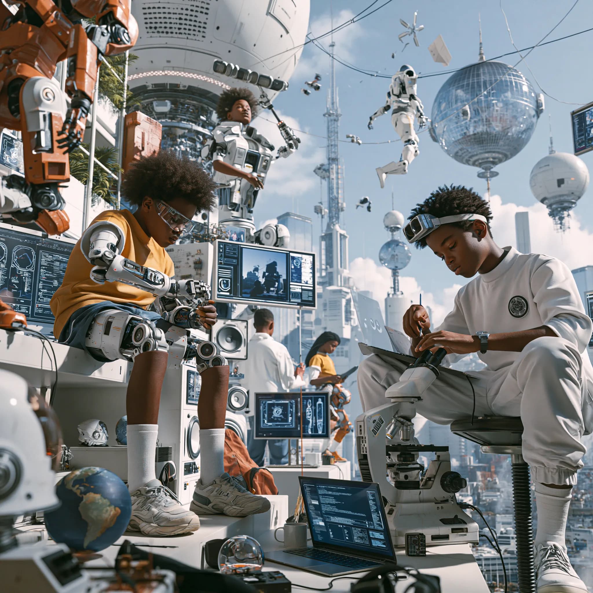 Young engineers build and test technology in a bright, futuristic city.
