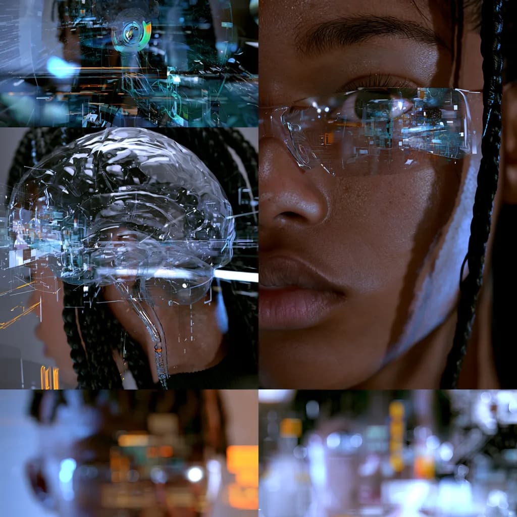 Close-up of a learner whose clear glasses reflect streams of digital data.