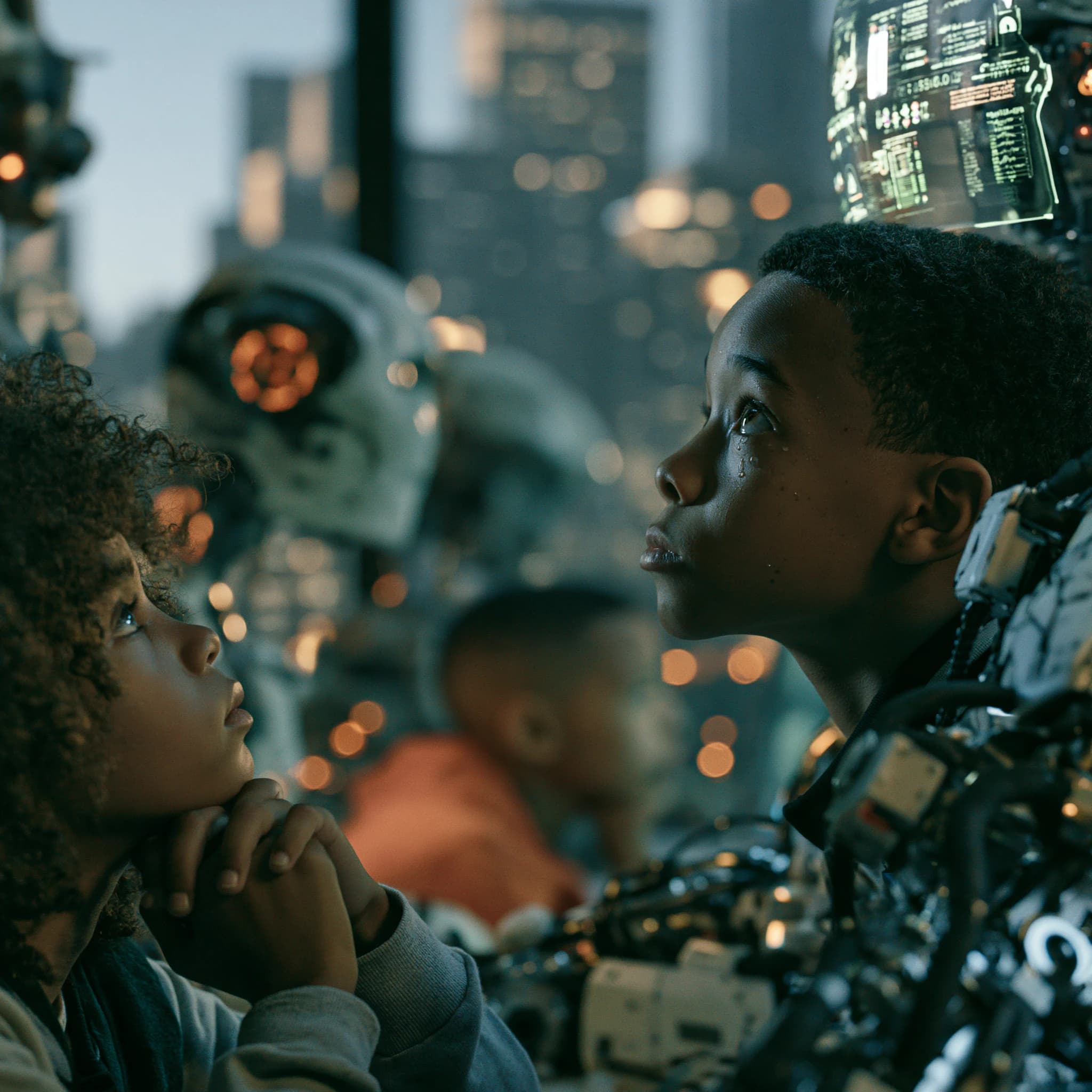Two young learners look up in wonder at the machines around them.