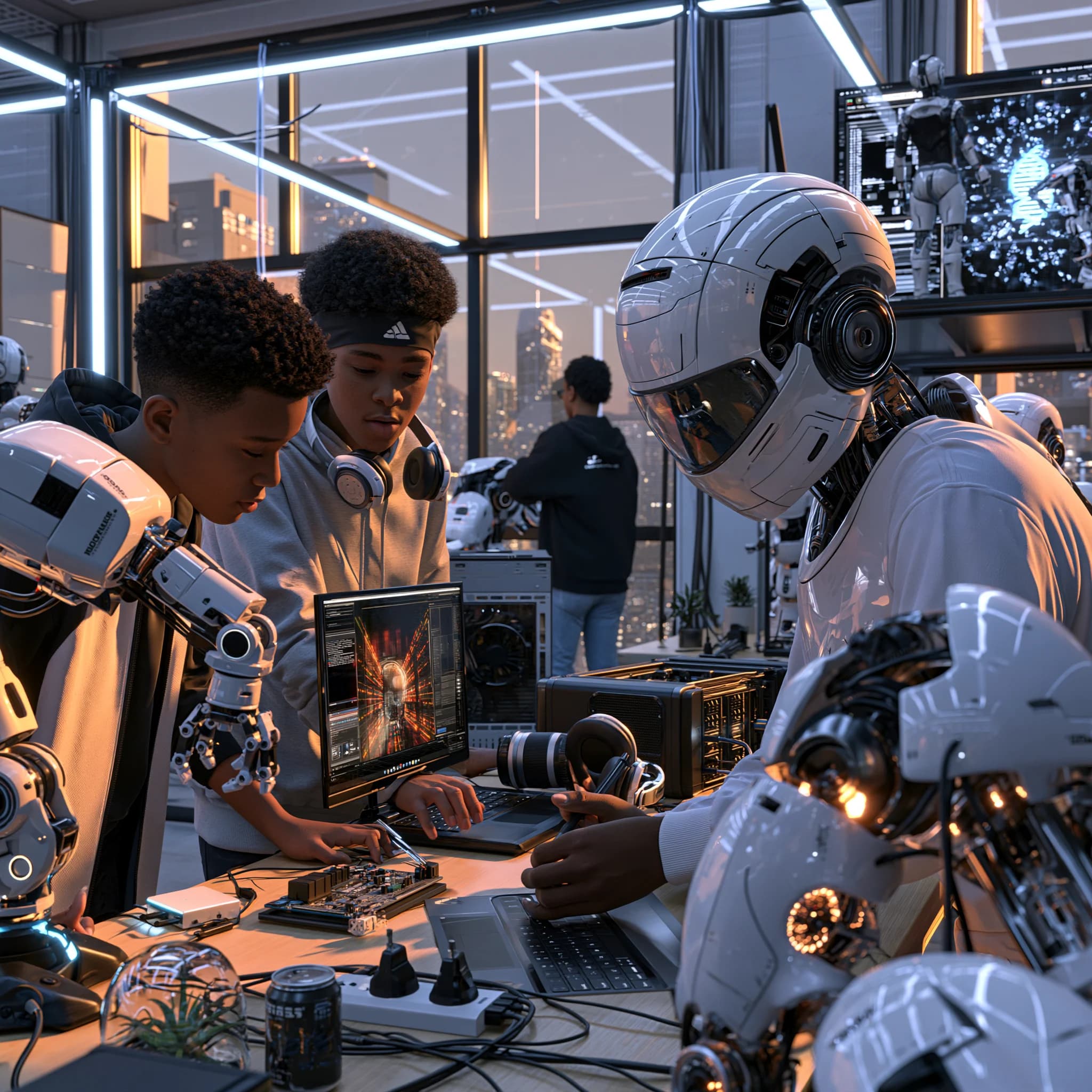 Two learners and a humanoid robot work on a circuit board in a robotics lab.